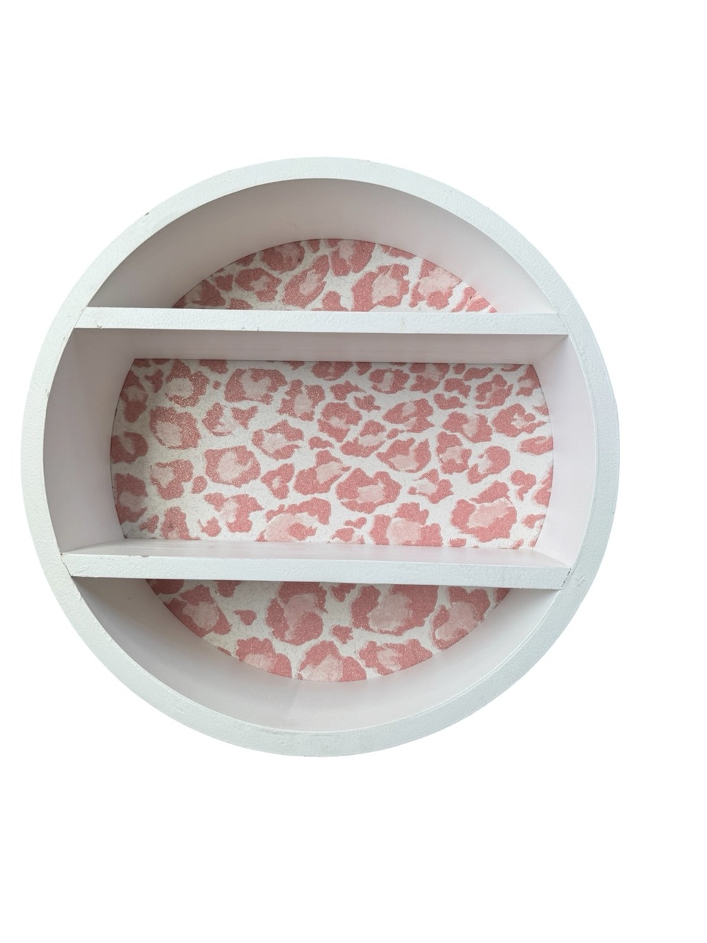 NWT White Round Wall Shelf with Pink Leopard Backing